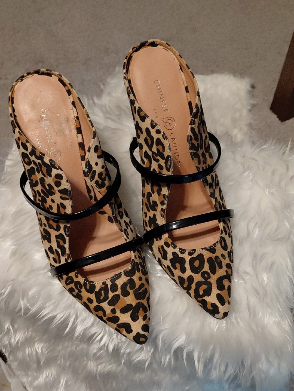 Chinese Laundry Leopard-Print Pointed Mules with Black Straps